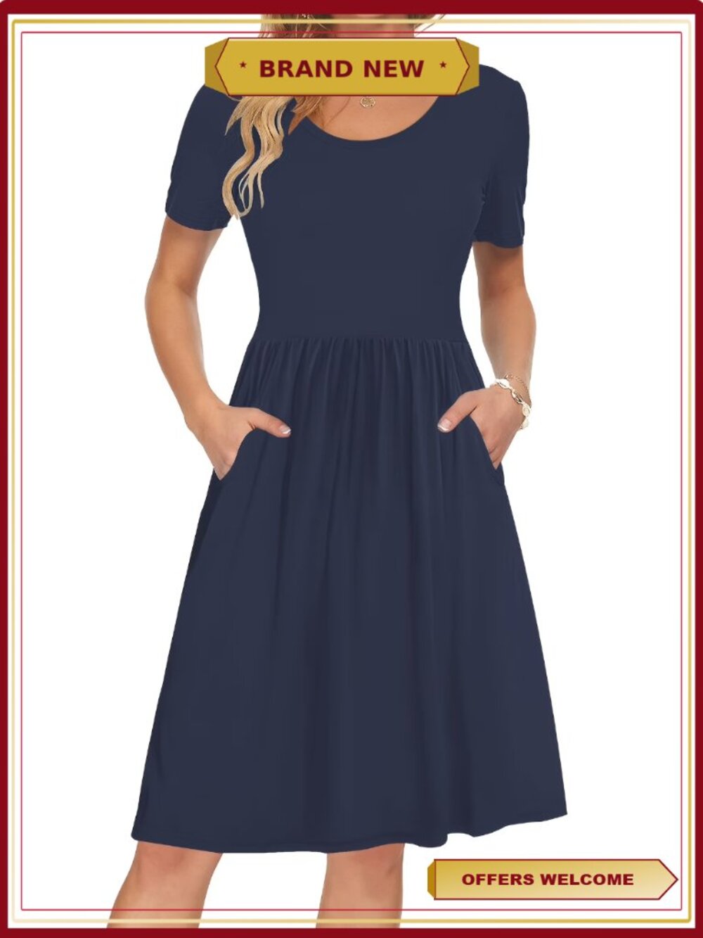 Women Summer Short Sleeve Midi Dress Empire Waist Swing Sundress Pockets